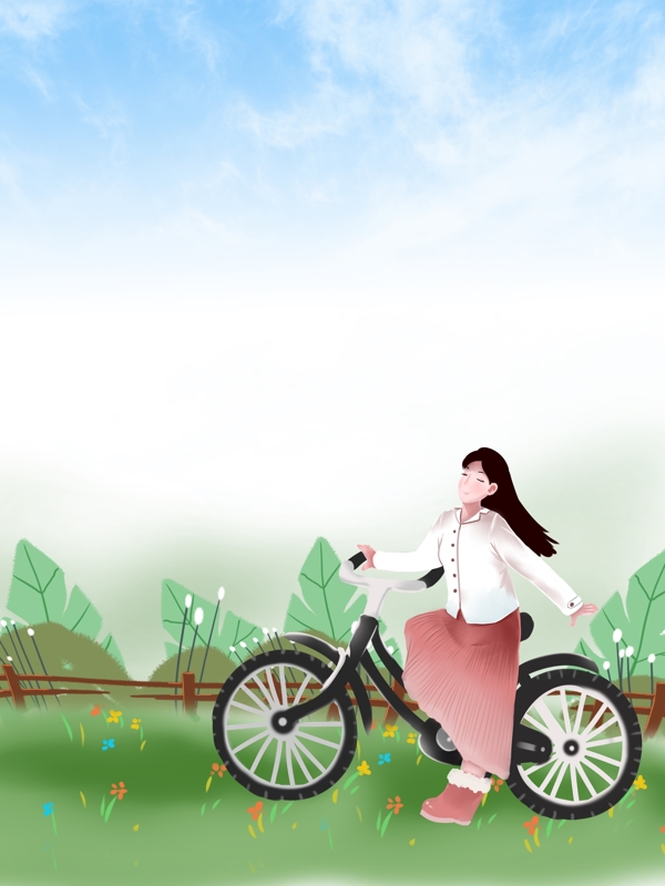 春季郊外女孩骑车背景