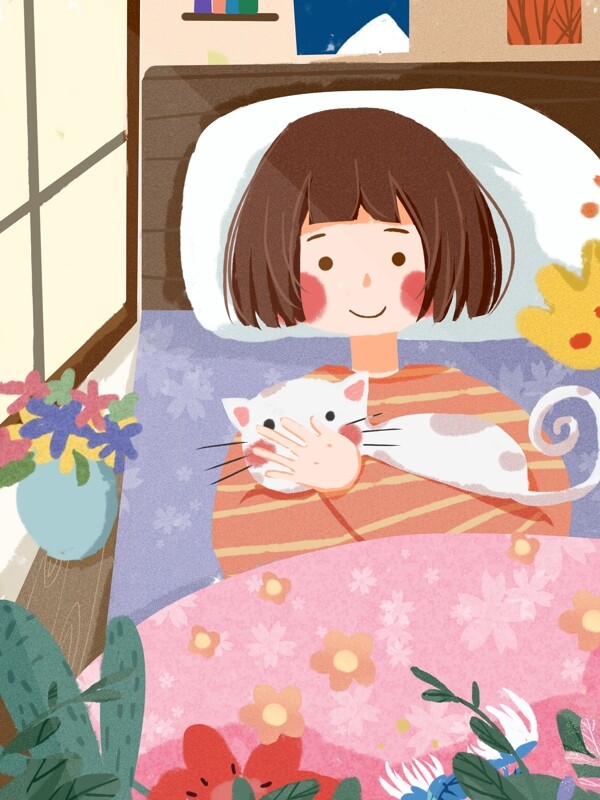 早安你好之少女与猫的早晨可爱温暖插画