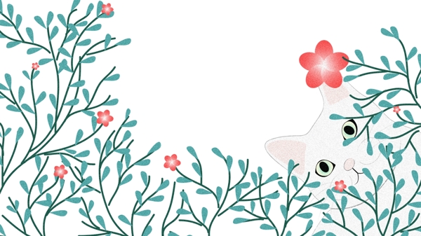 叶子花朵与猫咪装饰边框