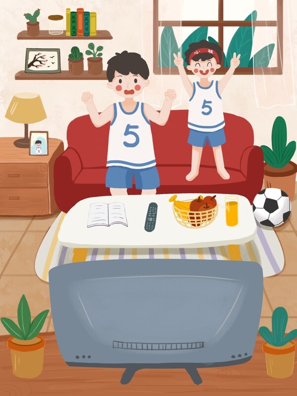 父亲节爸爸和儿子在家一起看球赛插画