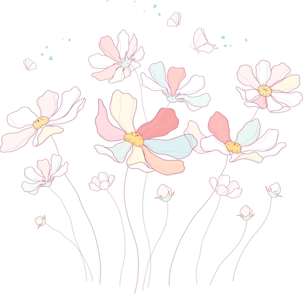 手绘素描风格花朵植物图案矢量