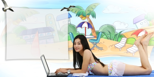 鸽子女性女人上网躺着手绘psd分层素材源文件09韩国设计元素
