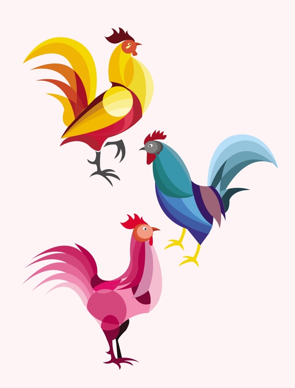 公鸡收集孤立在多种颜色自由向量