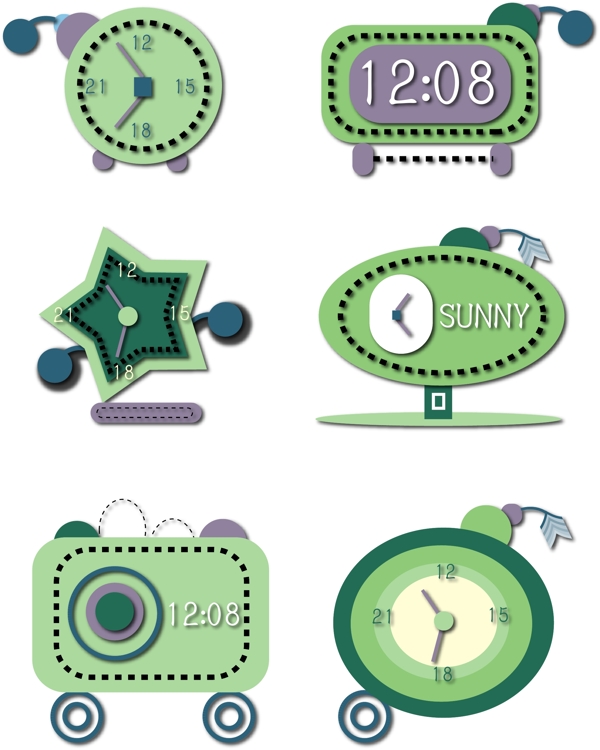 闹钟创意可爱元素卡通icon绿色矢量图