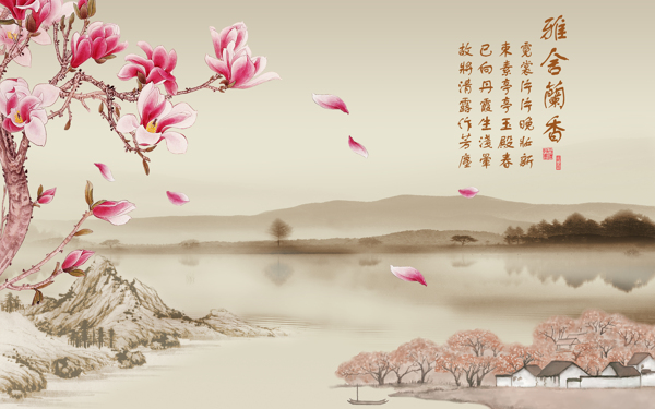 3D牡丹玉兰红花喜鹊山水福字瓷砖背景墙