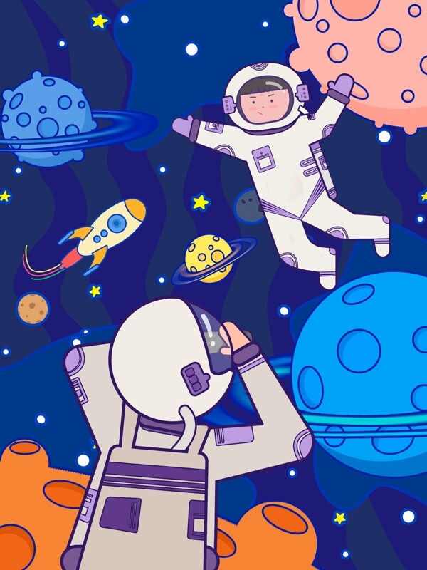 星球坠落宇宙的奇妙之旅卡通手绘涂鸦风插画