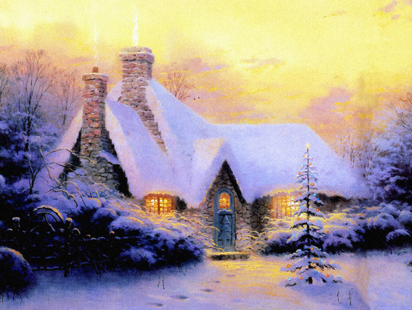 黄昏大雪覆盖的小屋