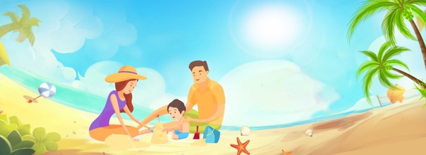 清新海滩玩沙子的一家人蓝天背景