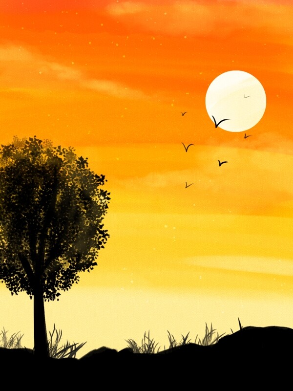 纯原创手绘卡通水彩画夕阳树木背景