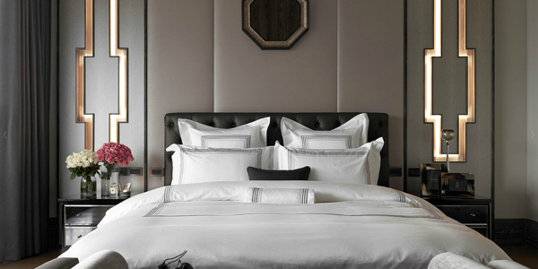 现代时尚卧室淡紫色皮质床头背景墙室内装修