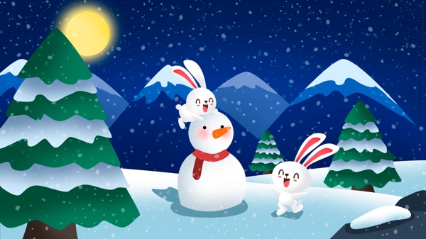 冬天你好玩耍的小兔子和雪人