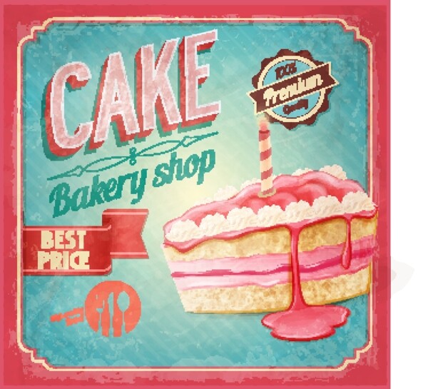 粉色三角蛋糕面包店复古海报矢量素材