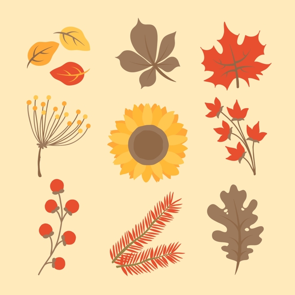 秋季卡通叶子花朵矢量素材