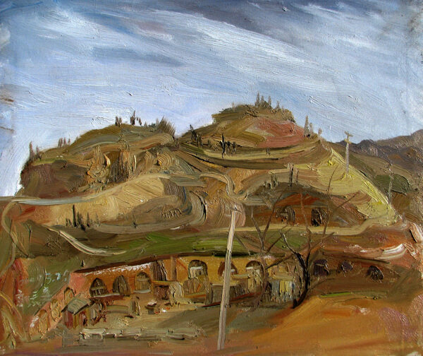 山下的村庄油画图片