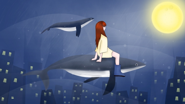 原创手绘插画深海鲸鱼治愈系女孩与鲸鱼