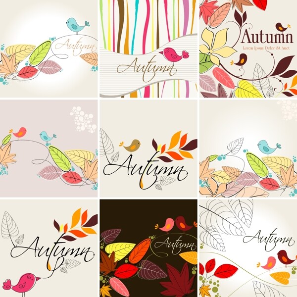 九款彩色线绘树叶小鸟图片