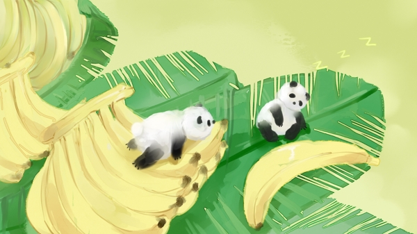香蕉和熊猫可爱水彩手绘插画