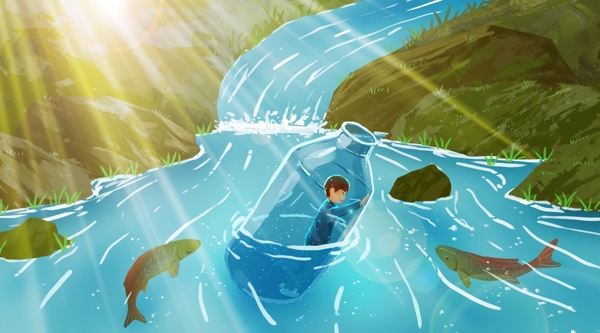 夏季河流清新插画卡通背景素材