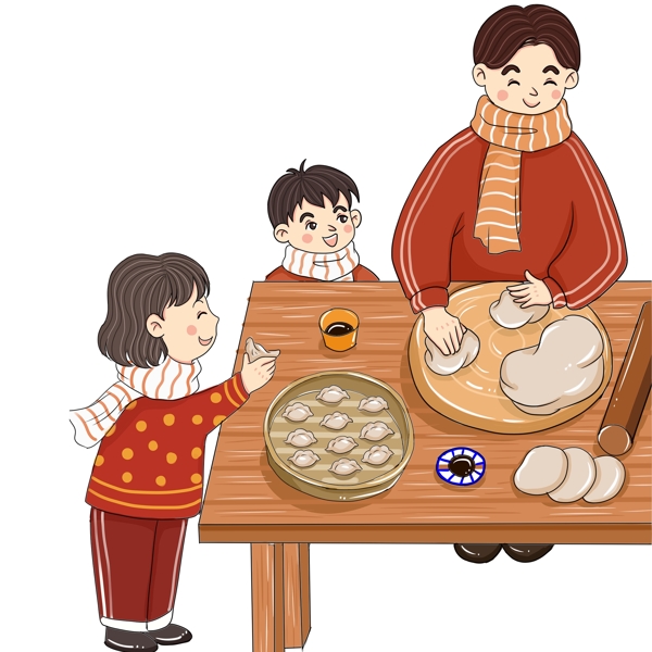 彩绘过年一家人包饺子