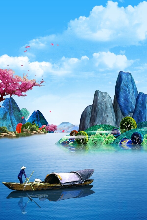 蓝色清爽夏季山水新中式渔船背景