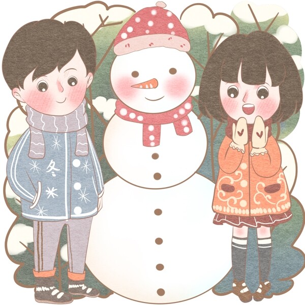 情侣冬天堆雪人开心欢乐儿童插画