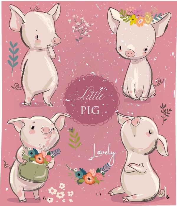 4款可爱手绘小猪矢量素材
