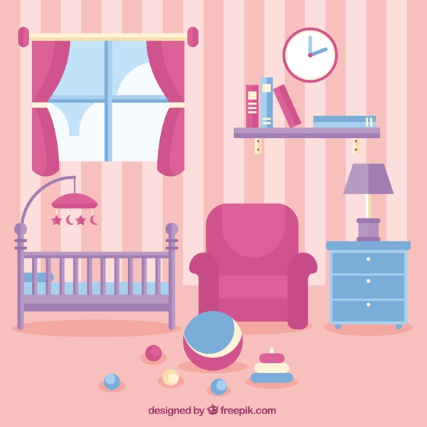 粉红色婴儿房间与婴儿床和玩具在地板上