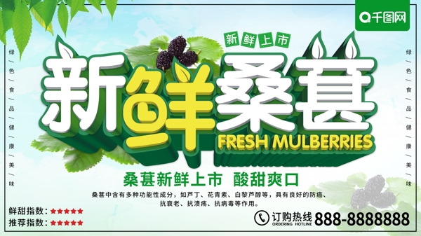 绿色清新新鲜桑葚水果美食海报