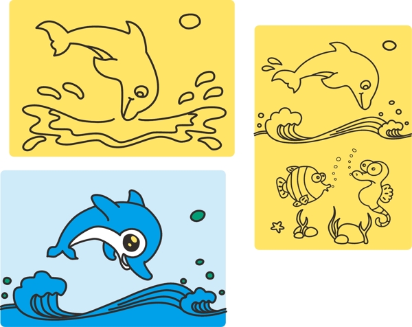 海豚砂画线稿和彩图