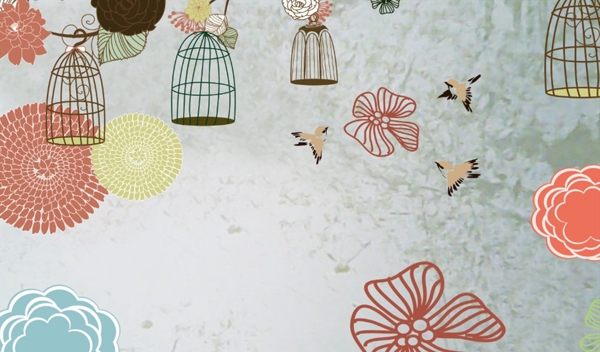 抽象手绘鸟笼花朵背景墙