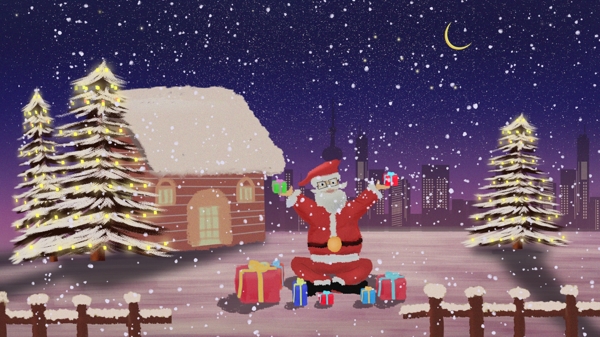 圣诞节圣诞夜唯美夜色圣诞老人派发礼物插画