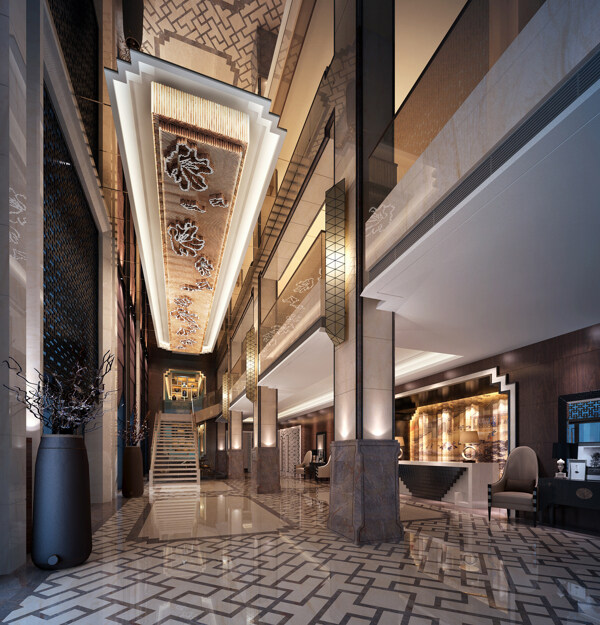 现代时尚酒店走廊花纹地板工装装修效果图