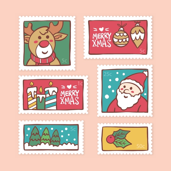 手绘圣诞风格邮票