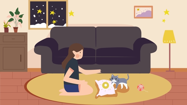 十二月女孩室内陪猫玩的插画