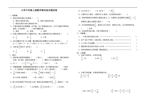 数学六年级上新课标期末综合测试卷无答案