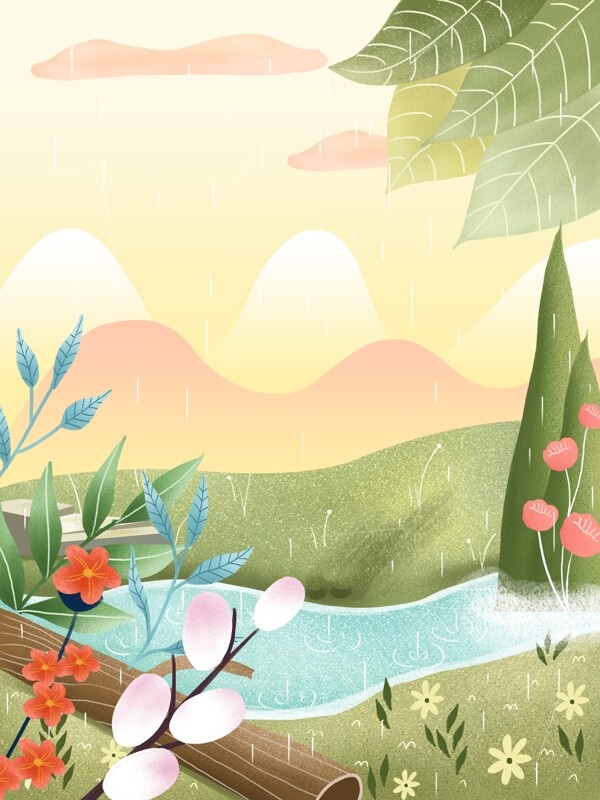 手绘谷雨节气绿叶花草背景设计