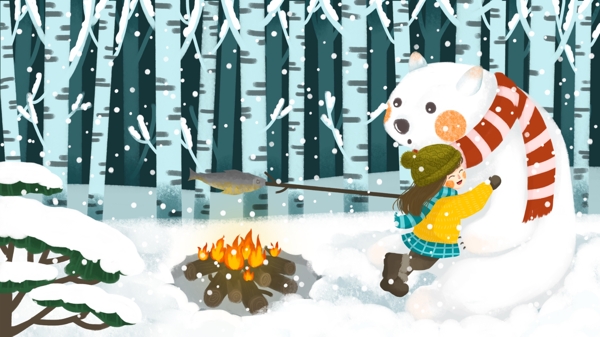 治愈系白熊与女孩雪地烤鱼唯美冬季雪景插画