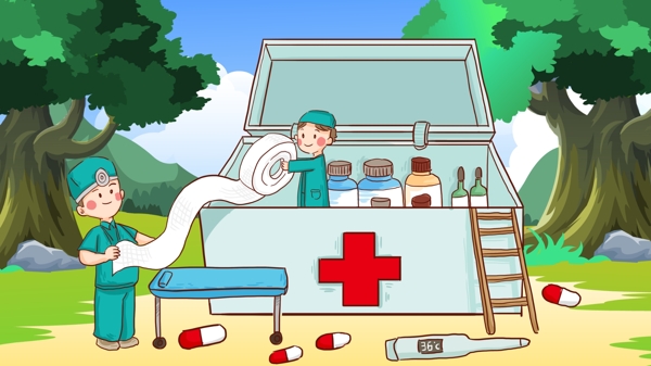世界急救日医疗箱里的医生和护士手绘插画