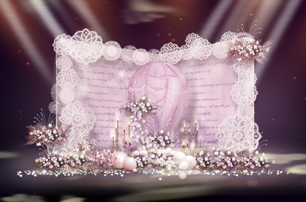 粉色甜美蕾丝热气球童话婚礼合影区设计