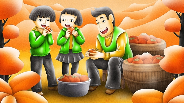 清新卡通质感霜降吃柿子秋天节气原创插画