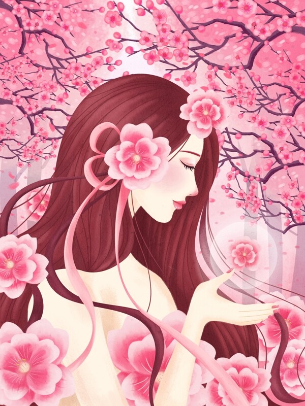 唯美浪漫粉色女神樱花节手绘插画