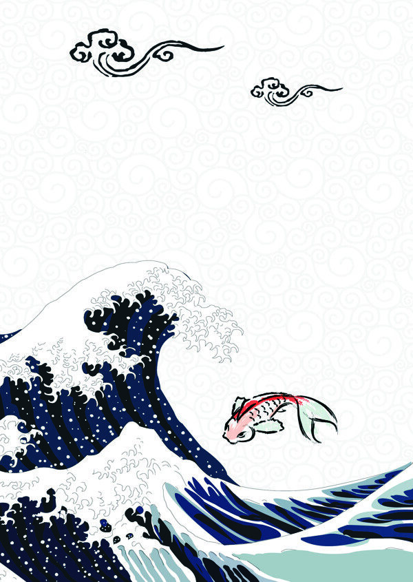 日系浮世绘手绘海浪插画图片