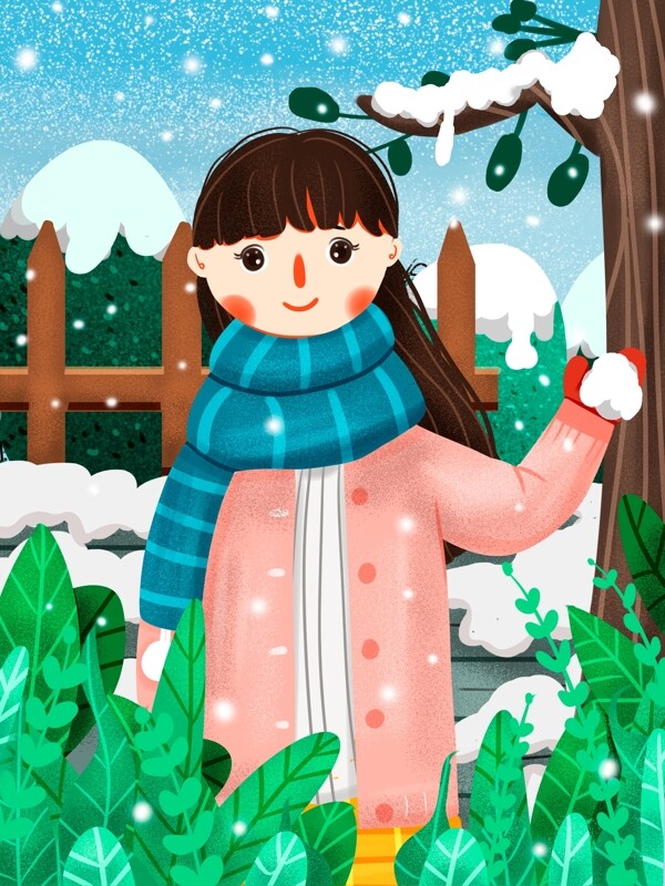 小清新十二月你好冬天立冬小雪唯美女孩接雪
