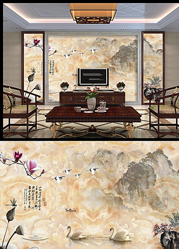 大理石山水画背景墙图片