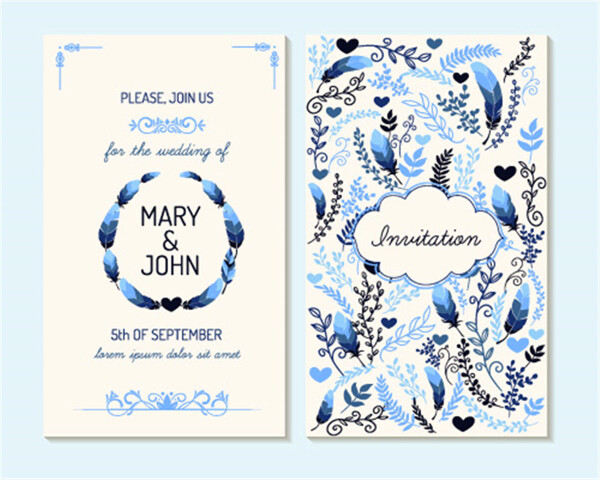 蓝色植物花朵羽毛婚礼贺卡图片