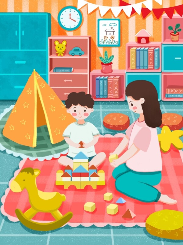 61儿童节妈妈和儿子玩玩具母爱插画