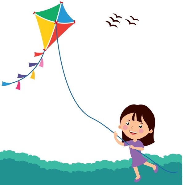 卡通手绘小女孩放风筝矢量图