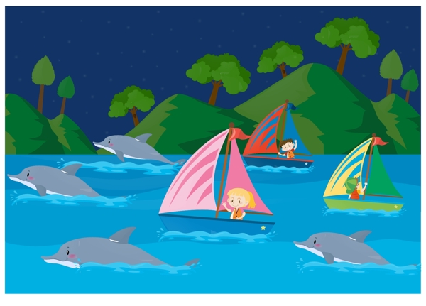 卡通儿童节晚上坐帆船的孩子