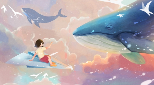 女孩和鲸插画图片