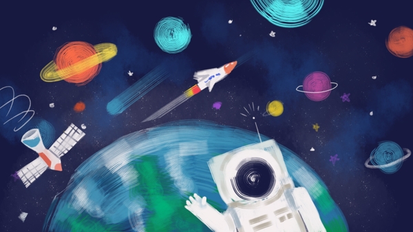 科学漫游太空科技太空涂鸦线条风格原手绘